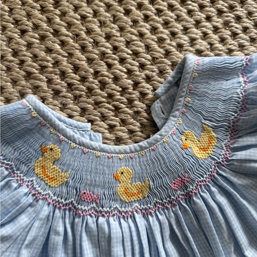 Adorable Anavini Blue Gingham Duck Smocked Girls Dress, 24 months